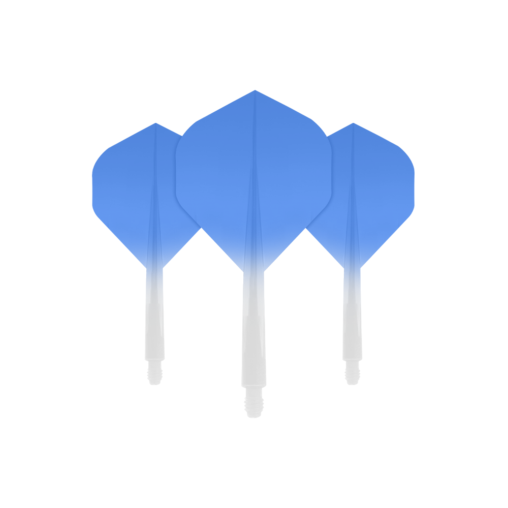 Das Bild zeigt drei kleine Dartflights des Produkts „Condor Axe Gradient Blue Flight-System“. Die Flights haben einen Farbverlauf von Blau oben zu Weiß unten.